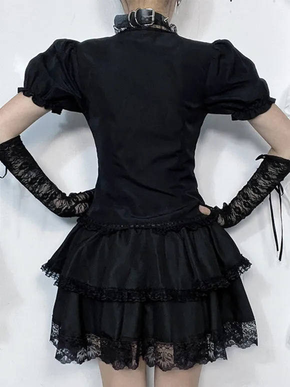 Gothic Lolita Blouses Black Lolita Top Short Sleeves Lace Ruffles Lolita Shirt