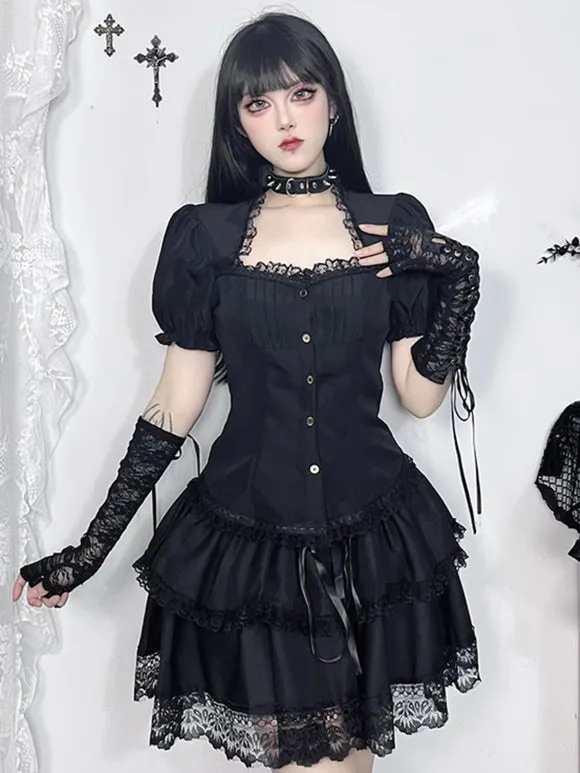 Gothic Lolita Blouses Black Lolita Top Short Sleeves Lace Ruffles Lolita Shirt