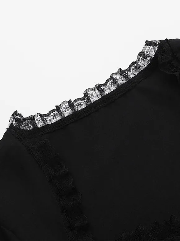 Gothic Lolita Blouses Black Lolita Top Short Sleeves Lace Ruffles Lolita Shirt