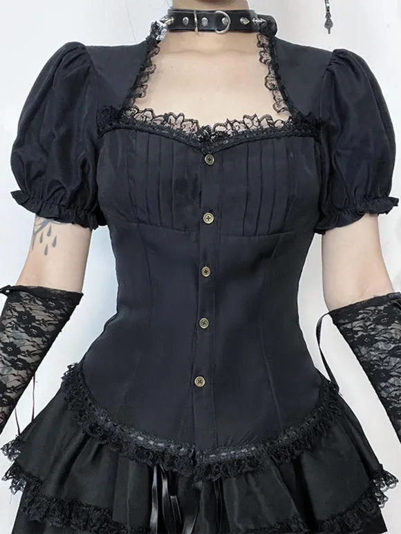 Gothic Lolita Blouses Black Lolita Top Short Sleeves Lace Ruffles Lolita Shirt