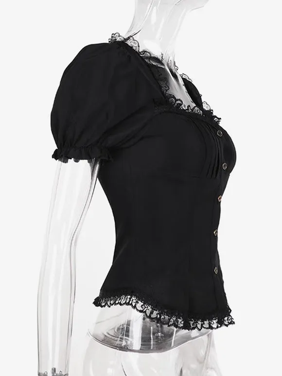 Gothic Lolita Blouses Black Lolita Top Short Sleeves Lace Ruffles Lolita Shirt