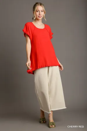 Grace Ruffle Sleeve Round Neck Top with Animal Print Back In Cherry Red