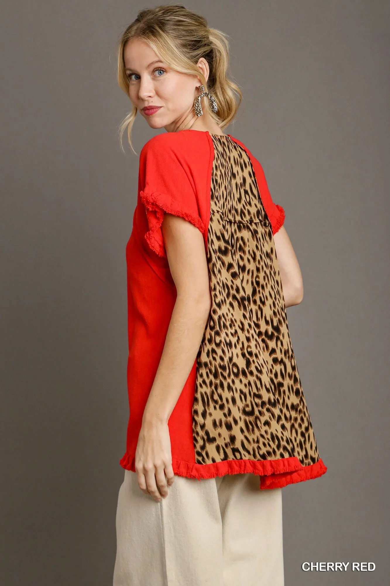 Grace Ruffle Sleeve Round Neck Top with Animal Print Back In Cherry Red