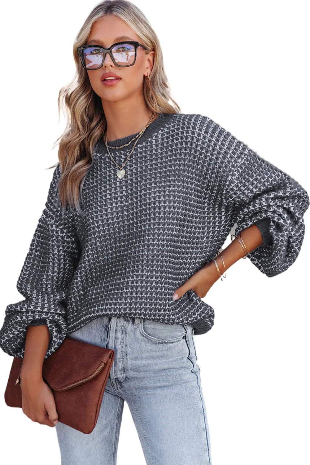 Gray Heathered Knit Drop Shoulder Puff Sleeve Sweater