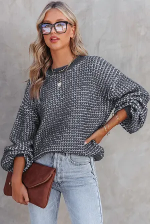 Gray Heathered Knit Drop Shoulder Puff Sleeve Sweater