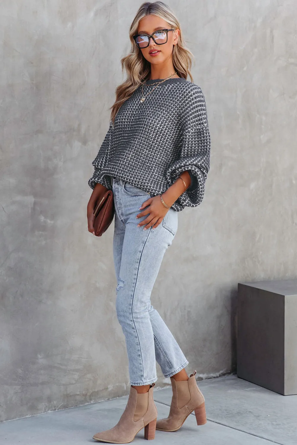 Gray Heathered Knit Drop Shoulder Puff Sleeve Sweater