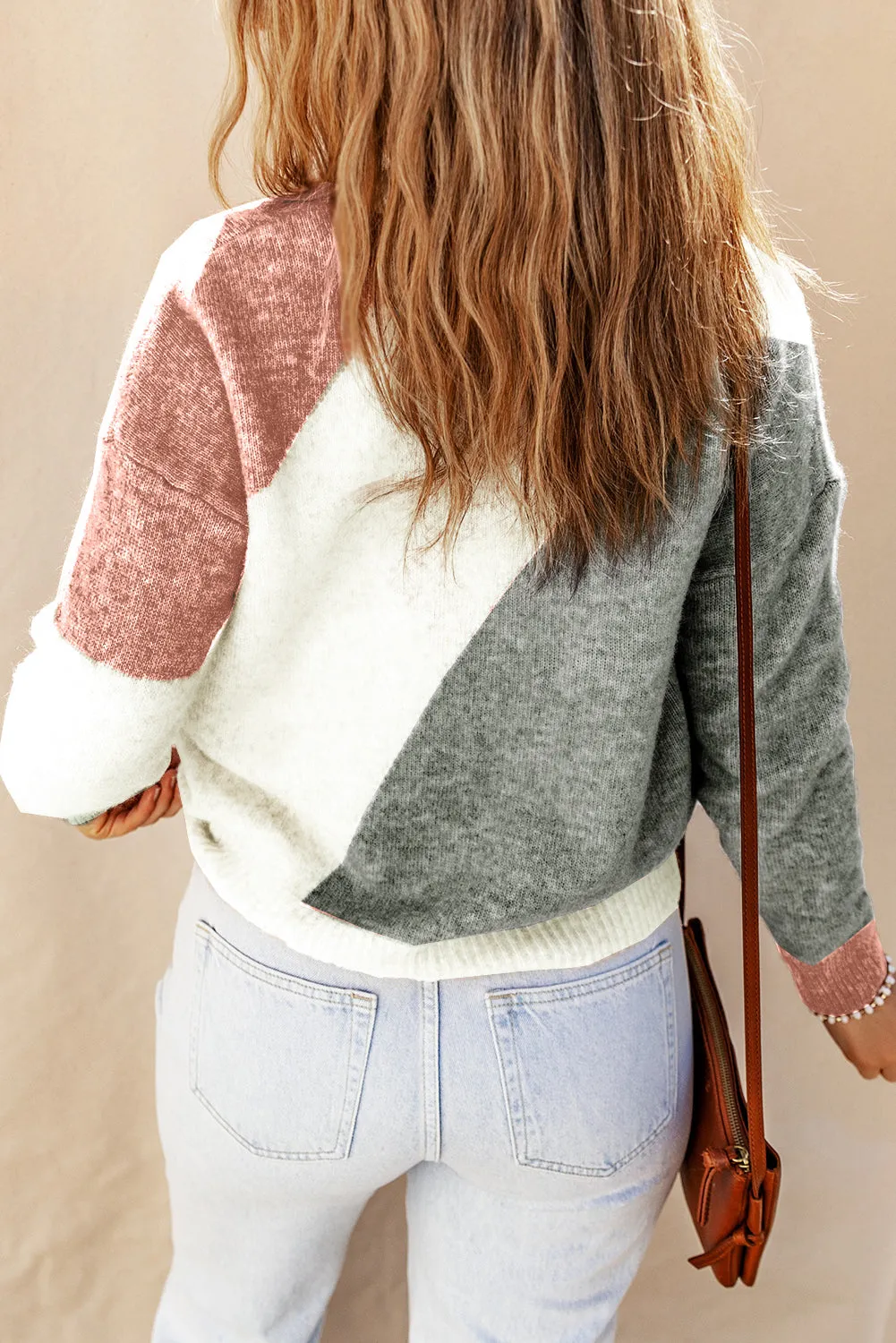 Gray Multicolor Colorblock Ribbed Trim Round Neck Sweater