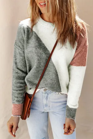 Gray Multicolor Colorblock Ribbed Trim Round Neck Sweater