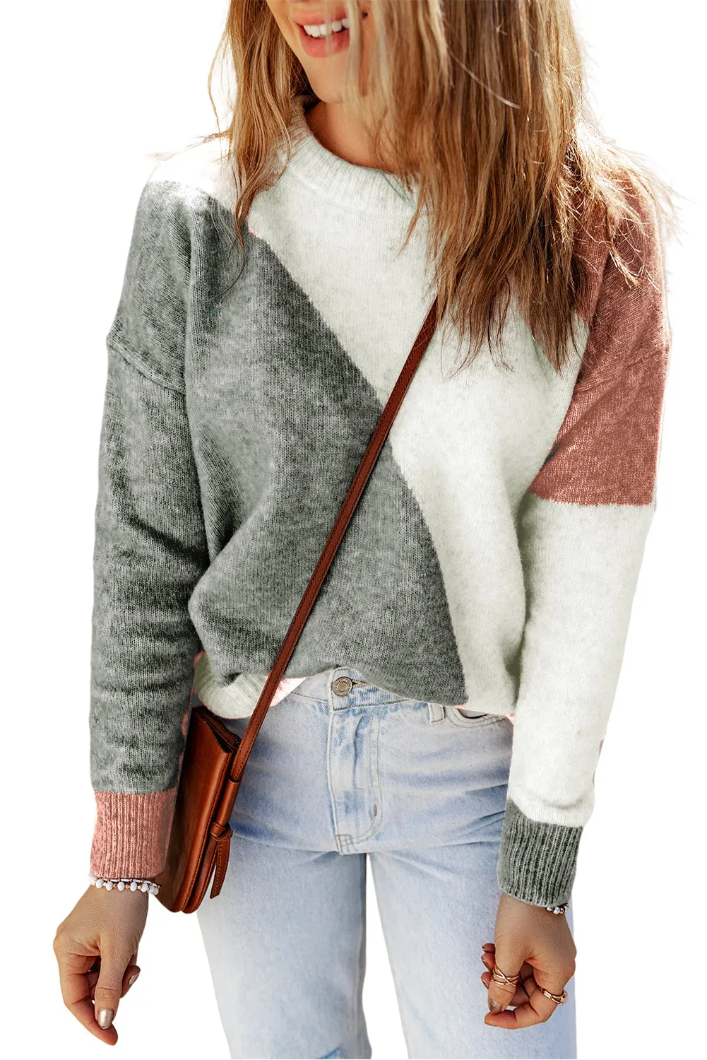 Gray Multicolor Colorblock Ribbed Trim Round Neck Sweater