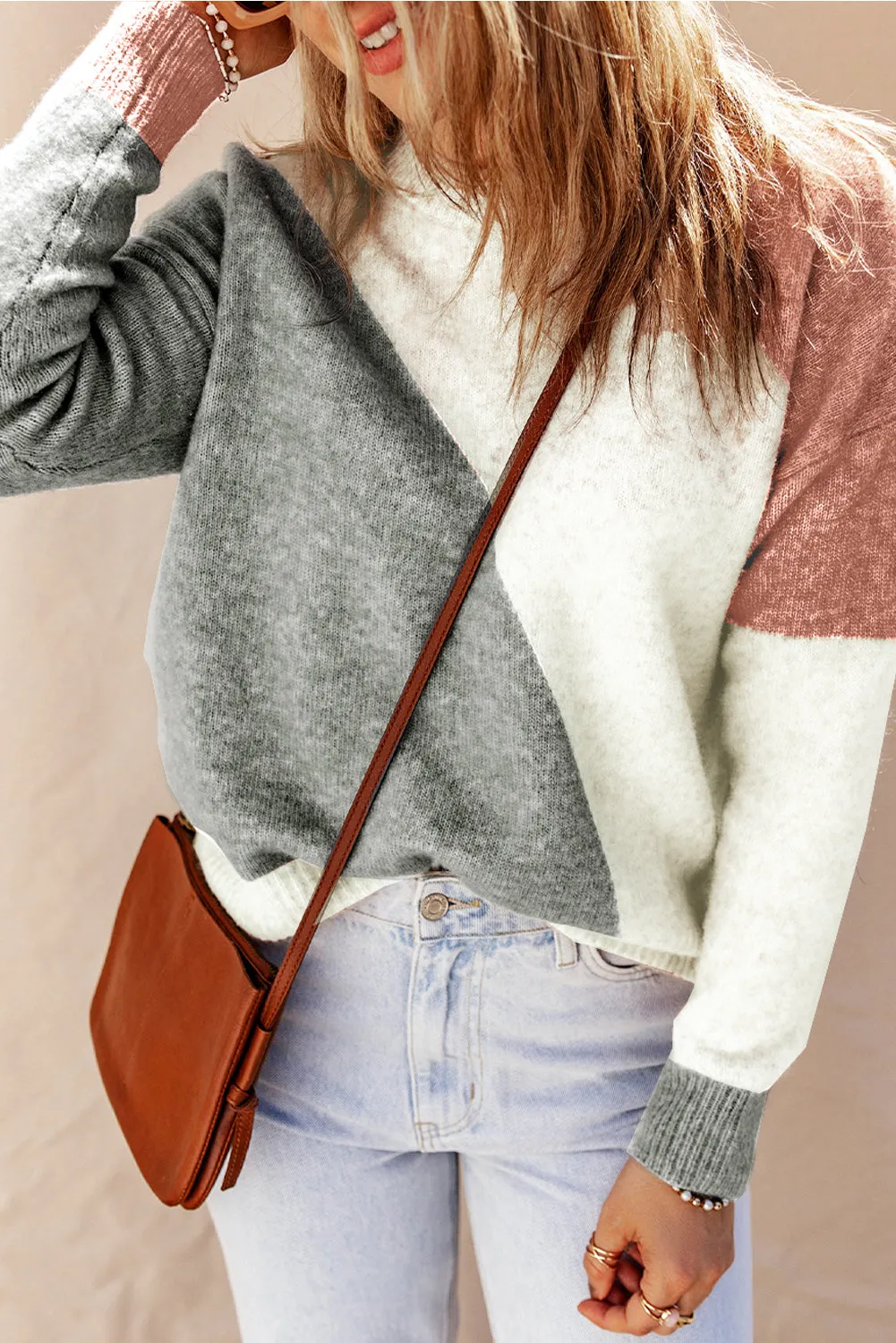 Gray Multicolor Colorblock Ribbed Trim Round Neck Sweater