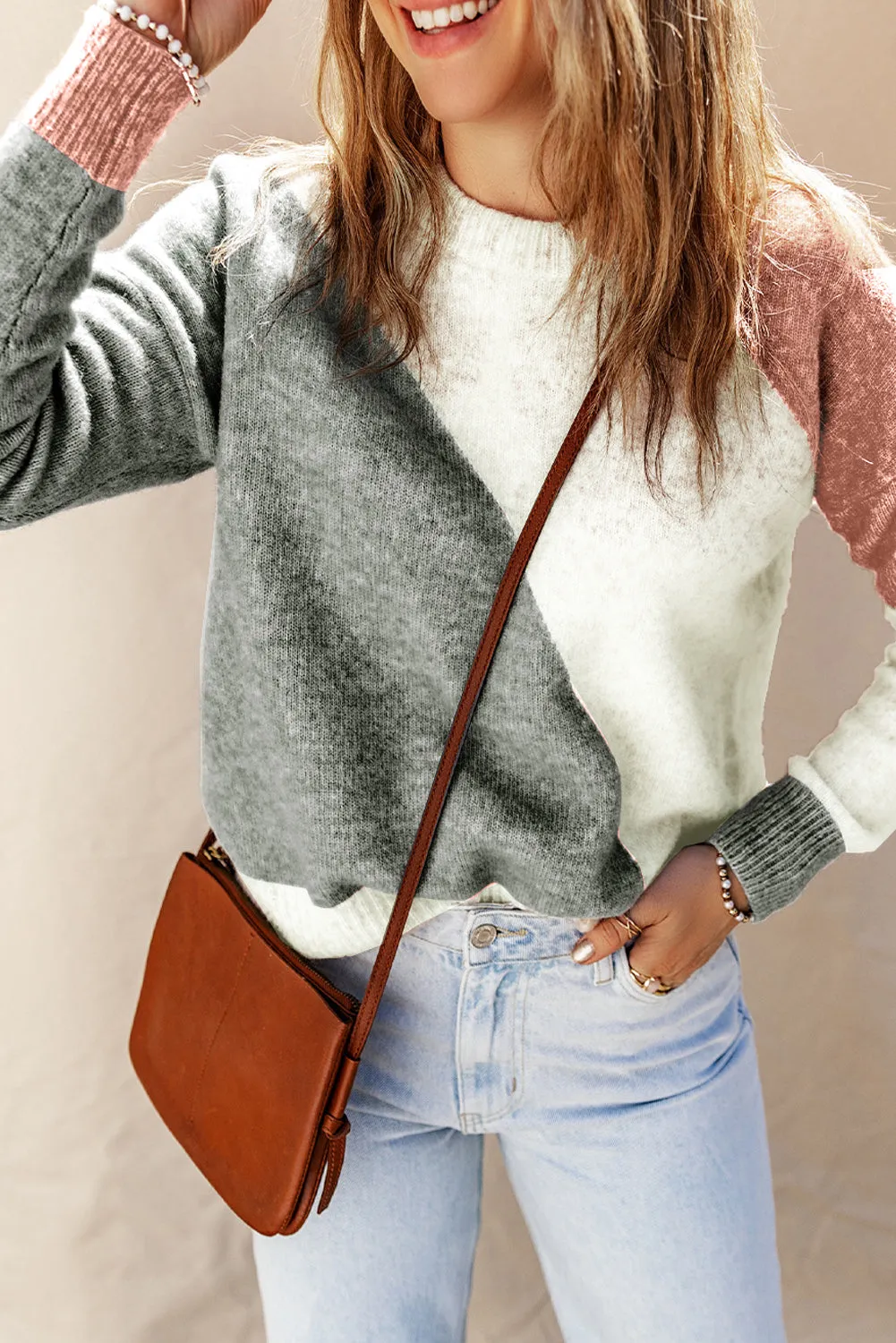 Gray Multicolor Colorblock Ribbed Trim Round Neck Sweater