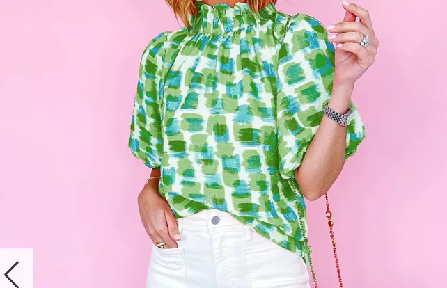 Green Abstract Print Button Back Ruffled High Neck Blouse