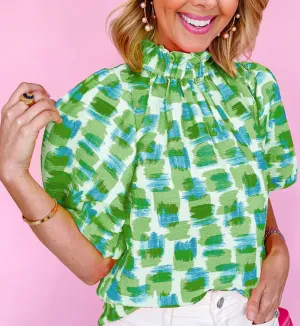Green Abstract Print Button Back Ruffled High Neck Blouse