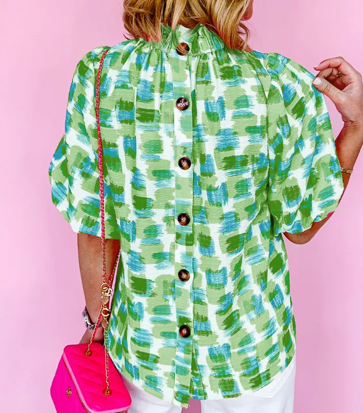 Green Abstract Print Button Back Ruffled High Neck Blouse