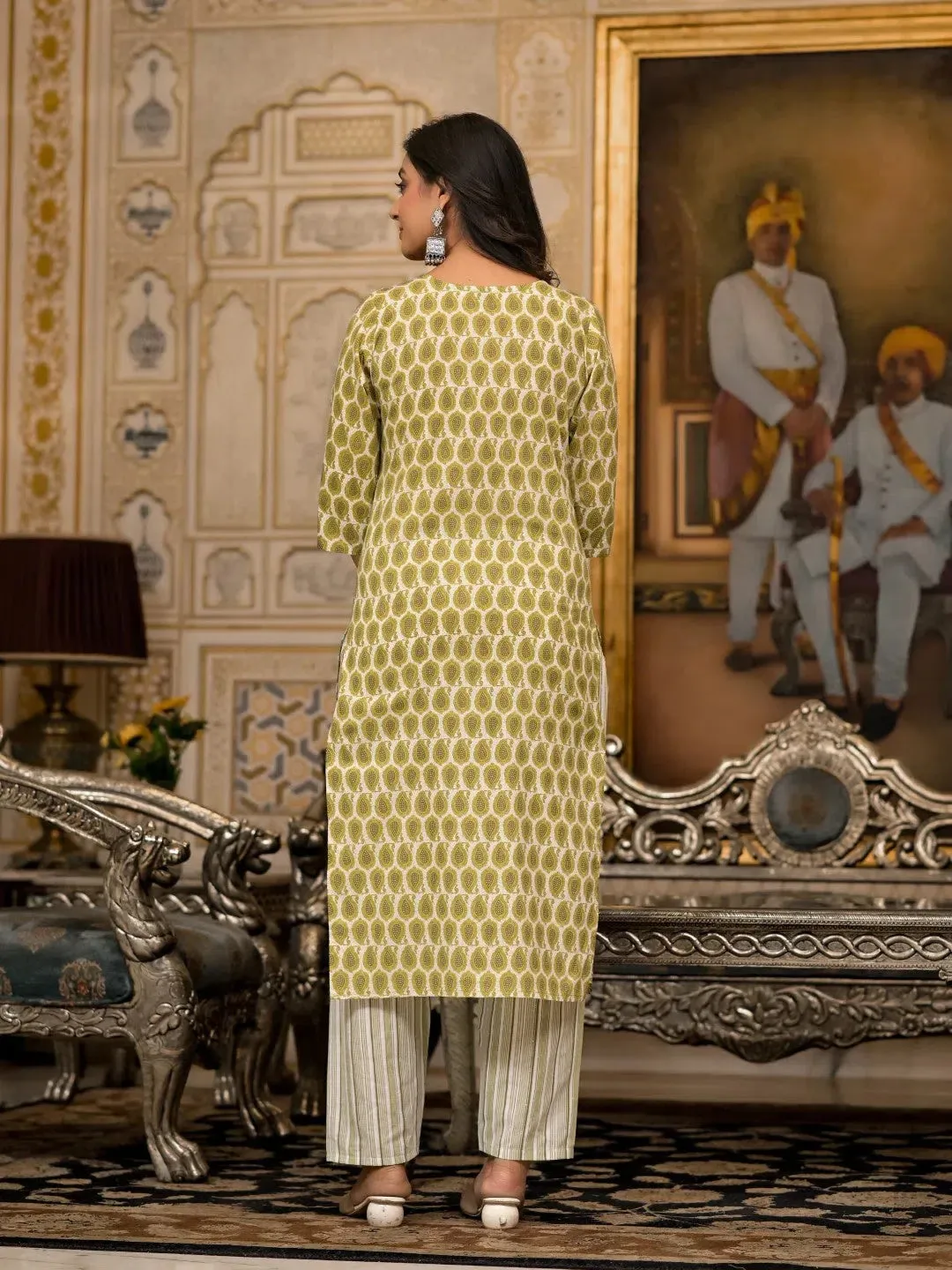 Green Ethnic Motif Printed Cotton Kurta, Pant And Dupatta Set With Thread & Mirror Work-J4848GREEN_OF