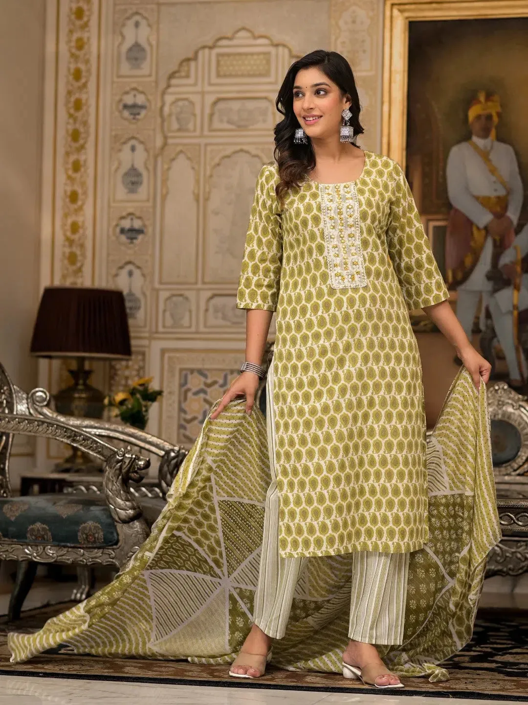 Green Ethnic Motif Printed Cotton Kurta, Pant And Dupatta Set With Thread & Mirror Work-J4848GREEN_OF