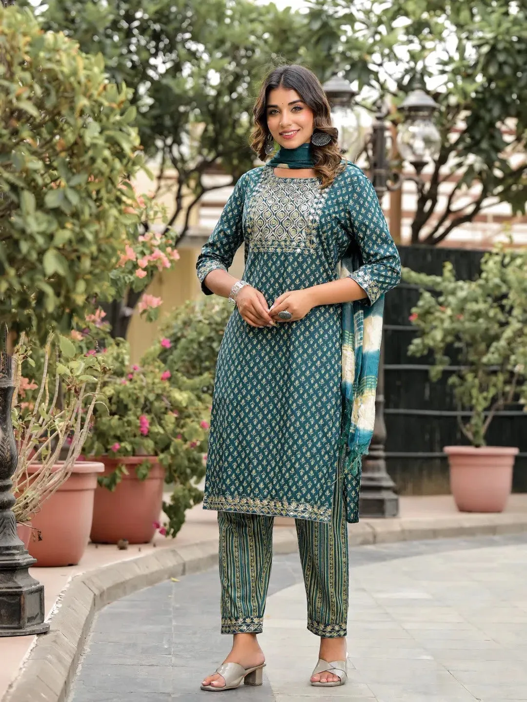 Green Ethnic Motif Printed Cotton Kurta, Pant And Dupatta Set With Zari Work & Sequins-J4801OT11GREEN