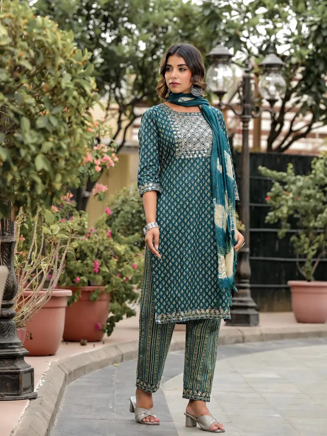 Green Ethnic Motif Printed Cotton Kurta, Pant And Dupatta Set With Zari Work & Sequins-J4801OT11GREEN