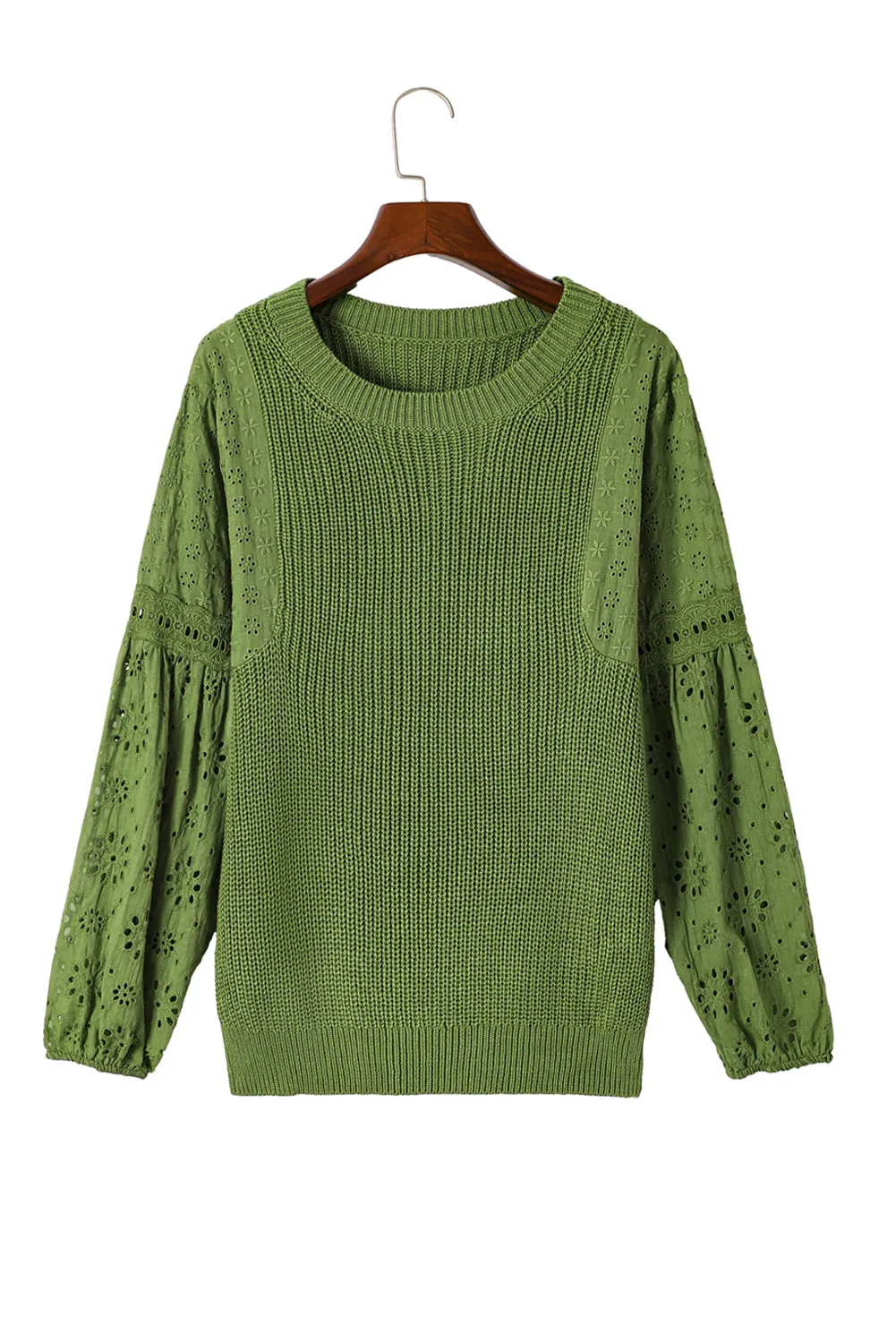 Green Eyelet Drop Shoulder Patchwork Pullover Sweater