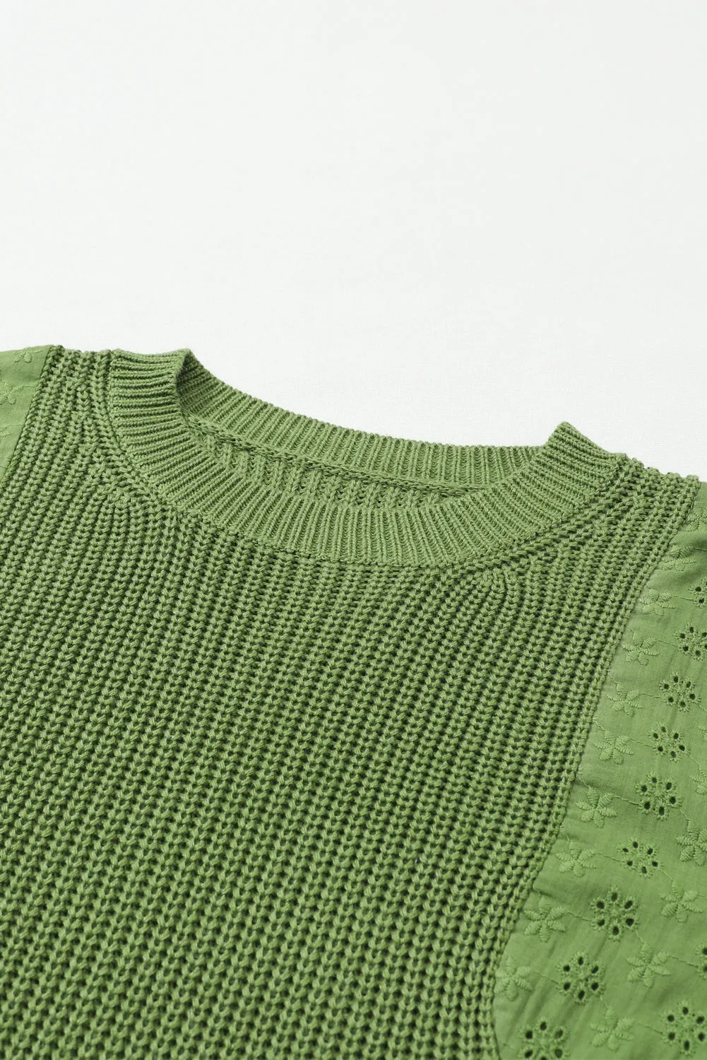 Green Eyelet Drop Shoulder Patchwork Pullover Sweater