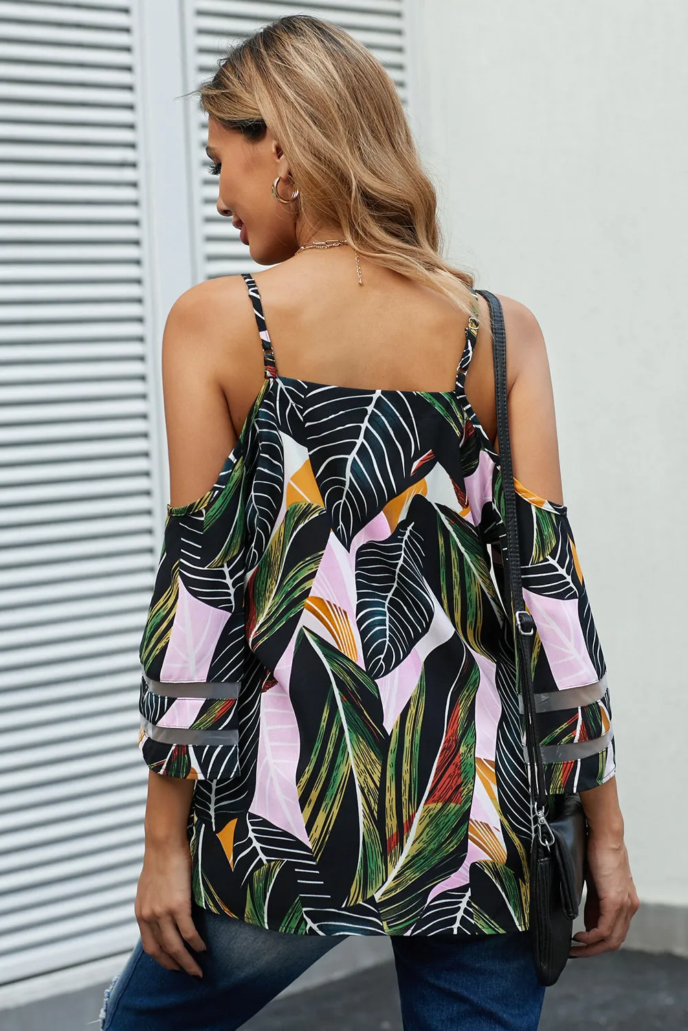 Green Palm Print Cold Shoulder Blouse