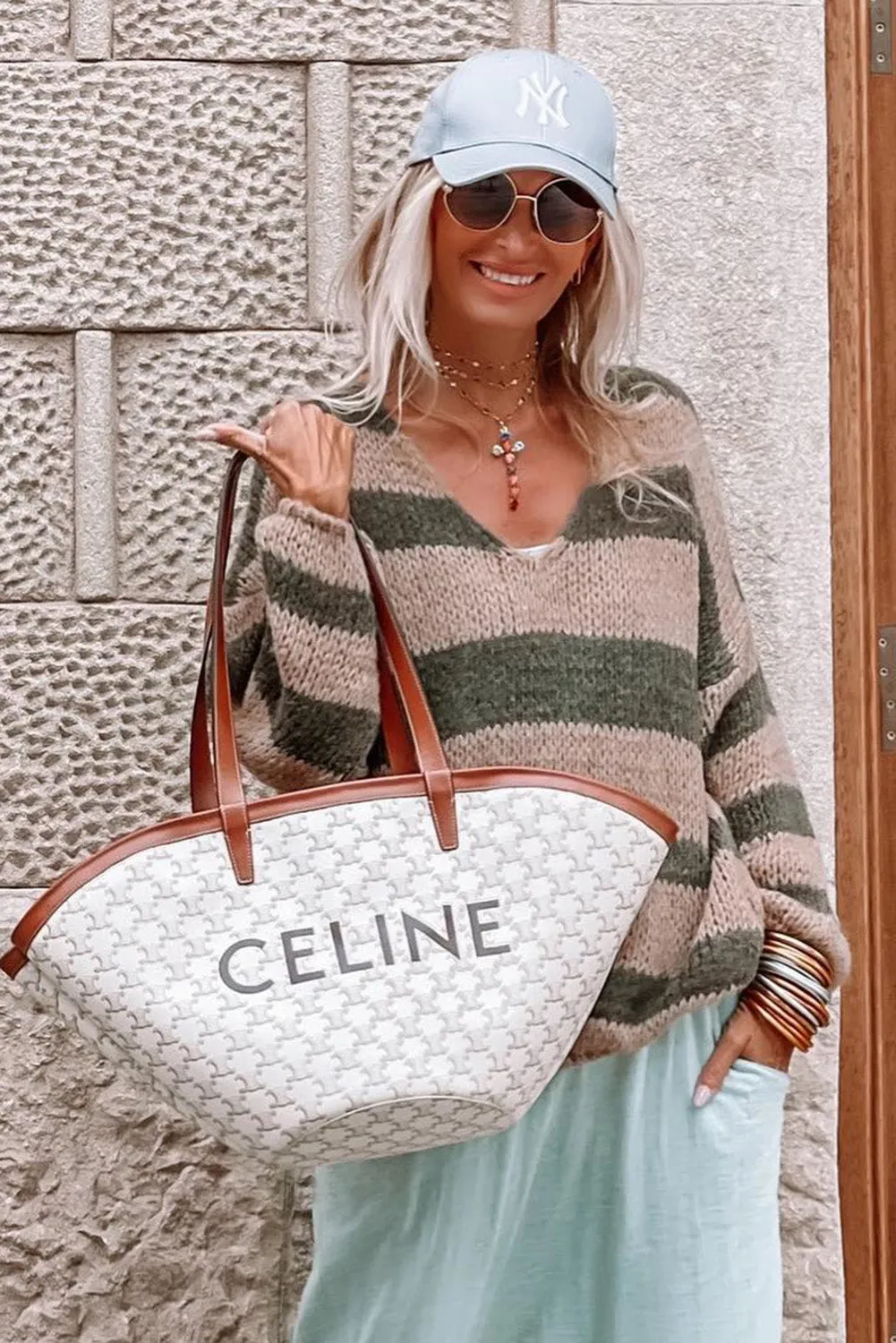 Green Striped Colorblock Knit V Neck Loose Fit Sweater