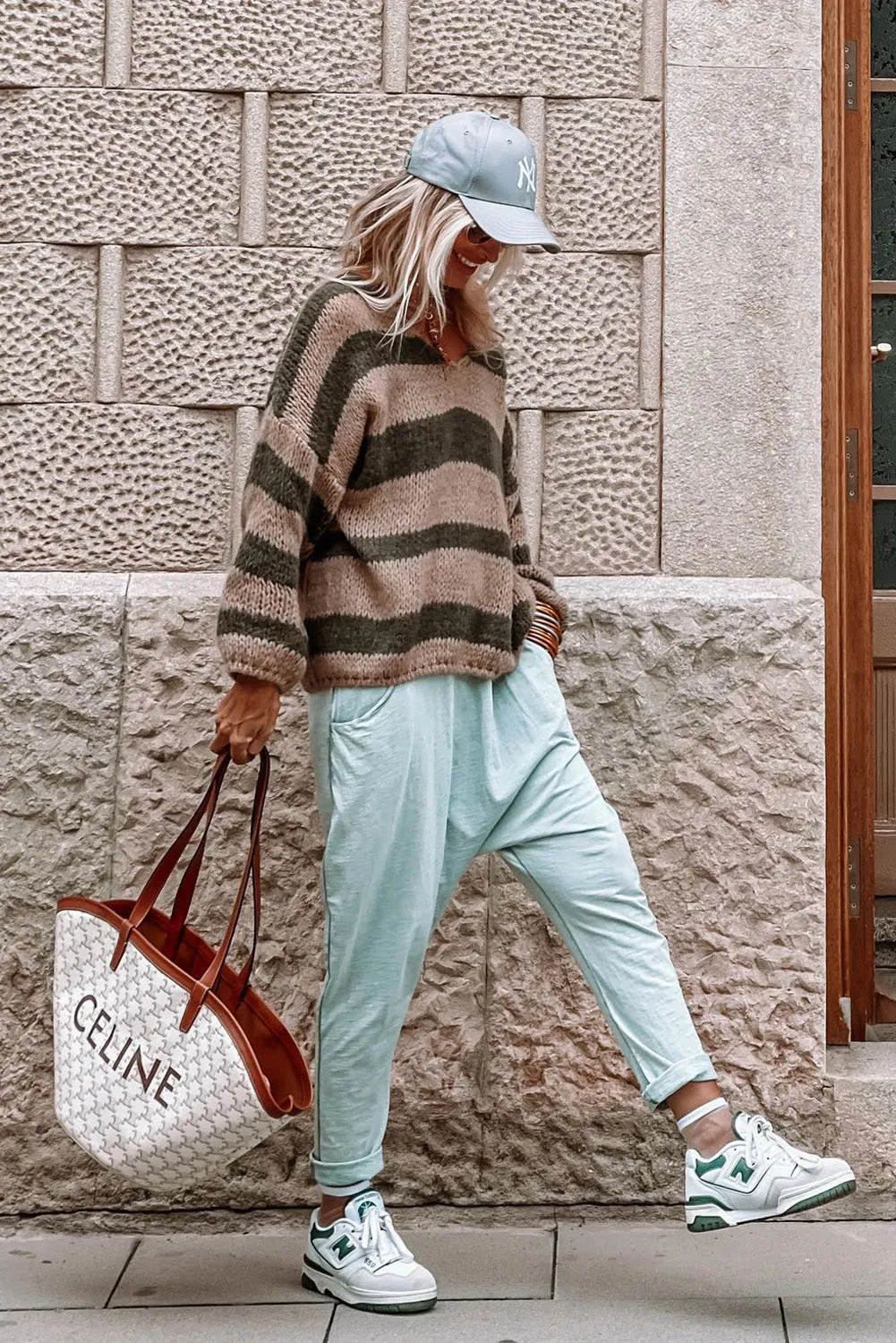 Green Striped Colorblock Knit V Neck Loose Fit Sweater