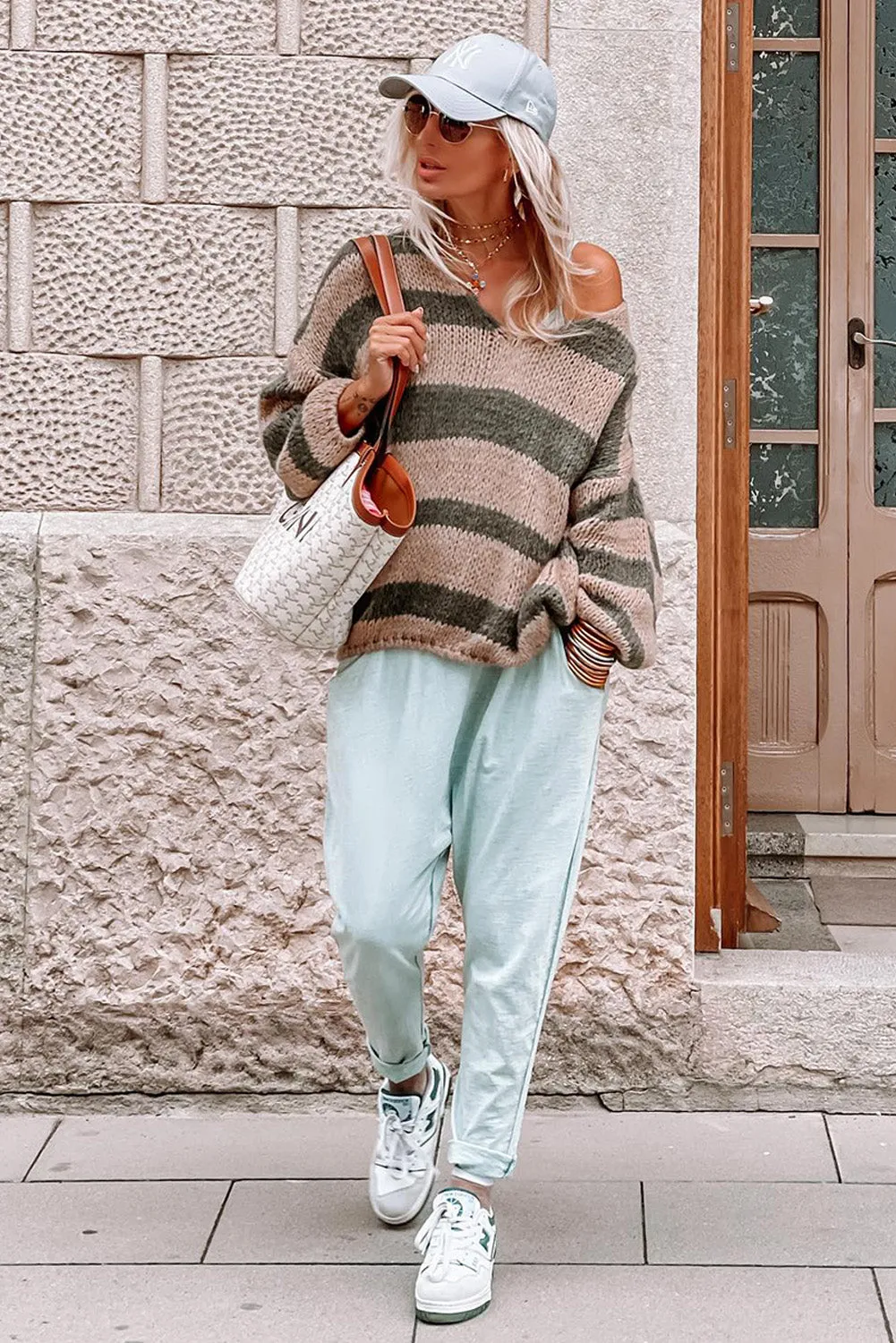 Green Striped Colorblock Knit V Neck Loose Fit Sweater