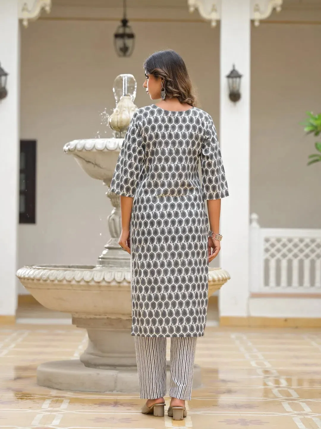 Grey Ethnic Motif Printed Cotton Kurta, Pant And Dupatta Set With Thread & Mirror Work-J4848GREY_OF