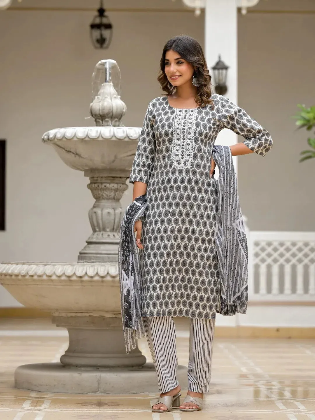 Grey Ethnic Motif Printed Cotton Kurta, Pant And Dupatta Set With Thread & Mirror Work-J4848GREY_OF