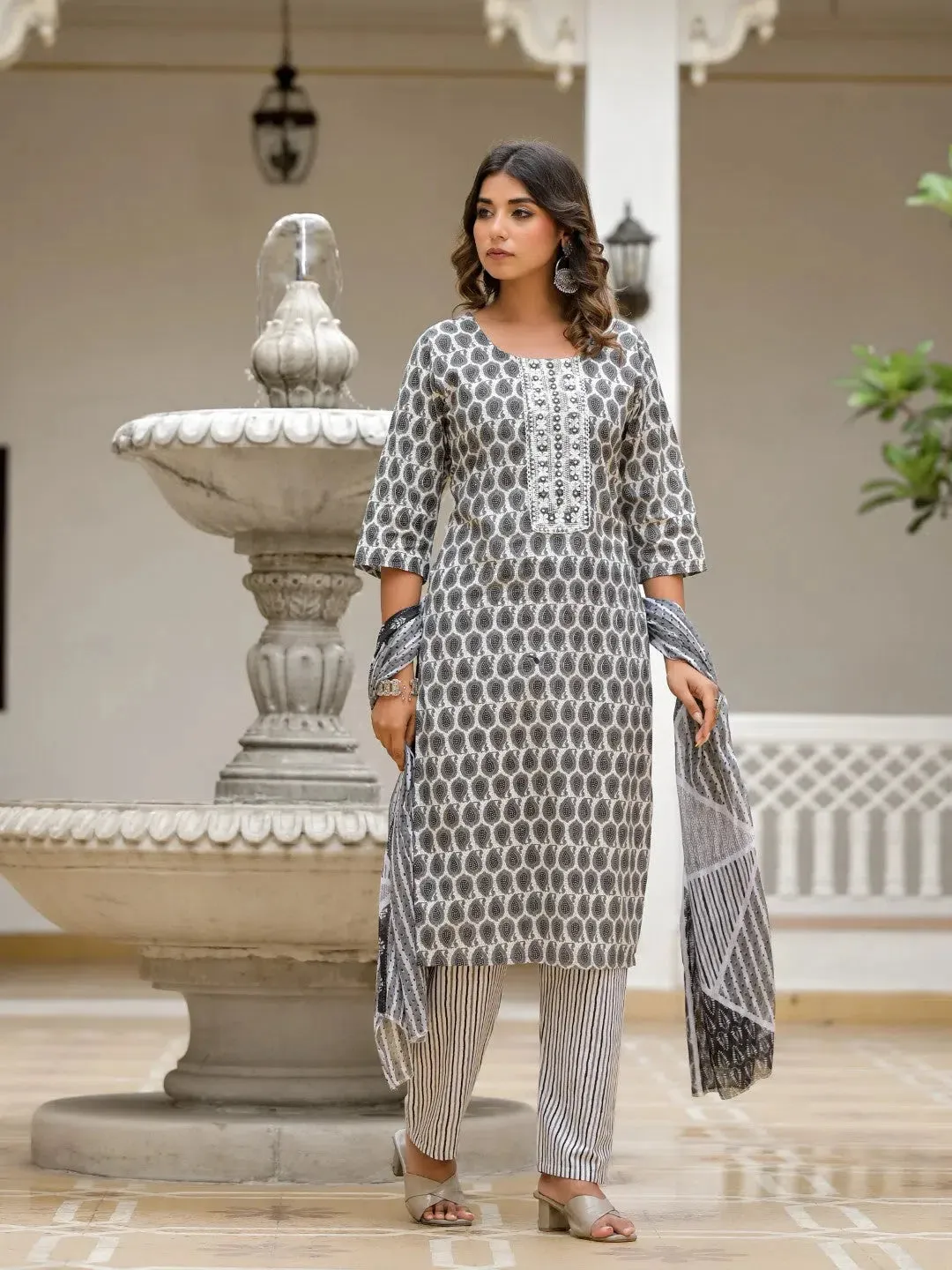 Grey Ethnic Motif Printed Cotton Kurta, Pant And Dupatta Set With Thread & Mirror Work-J4848GREY_OF