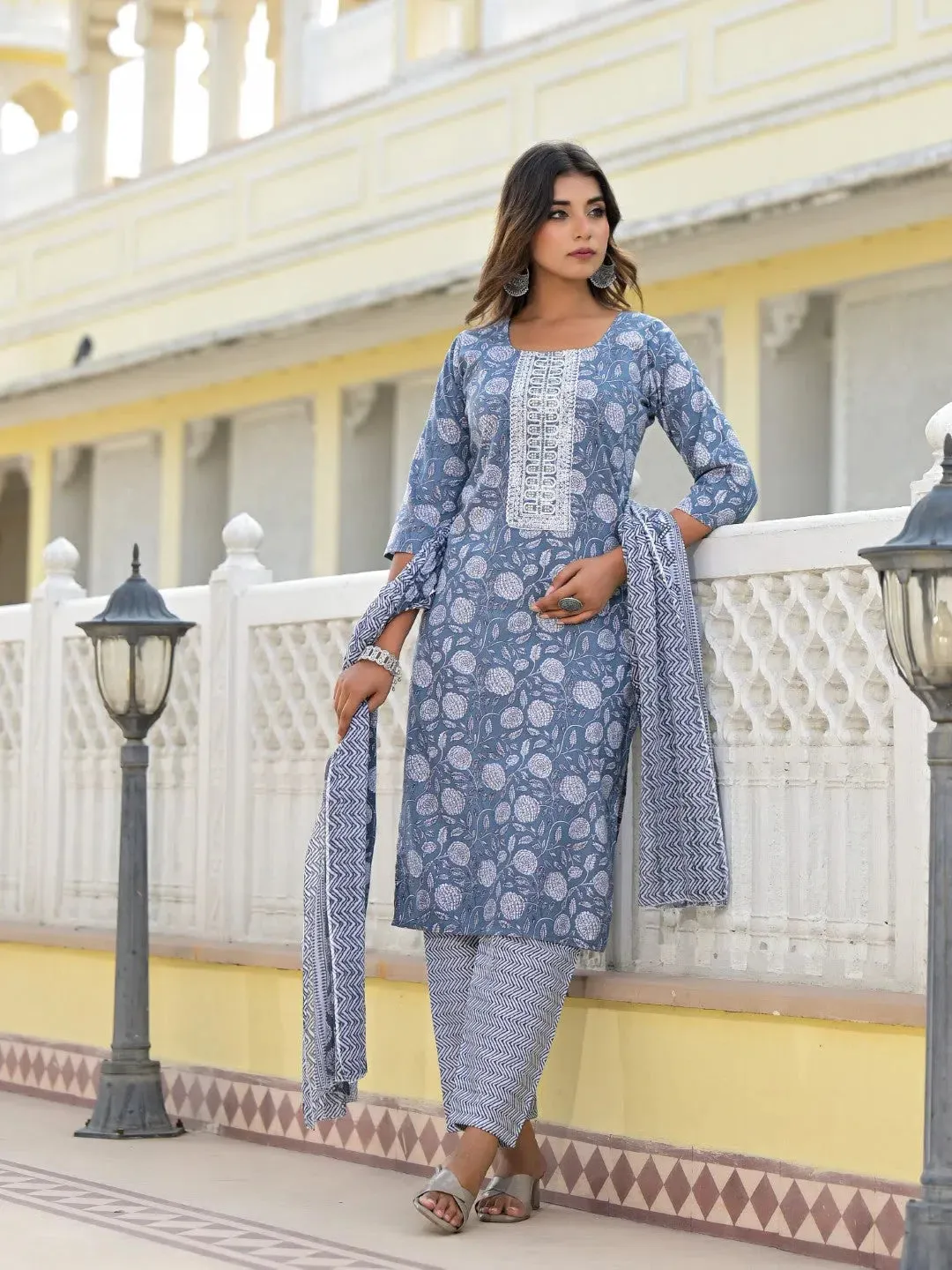Grey Ethnic Motif Printed Cotton Kurta, Pant And Dupatta Set With Thread & Zari Work-J4846GREY_OF