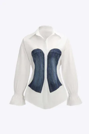 Harper - Modern Patchwork Detail Woman's Corset Long Sleeve Shirt