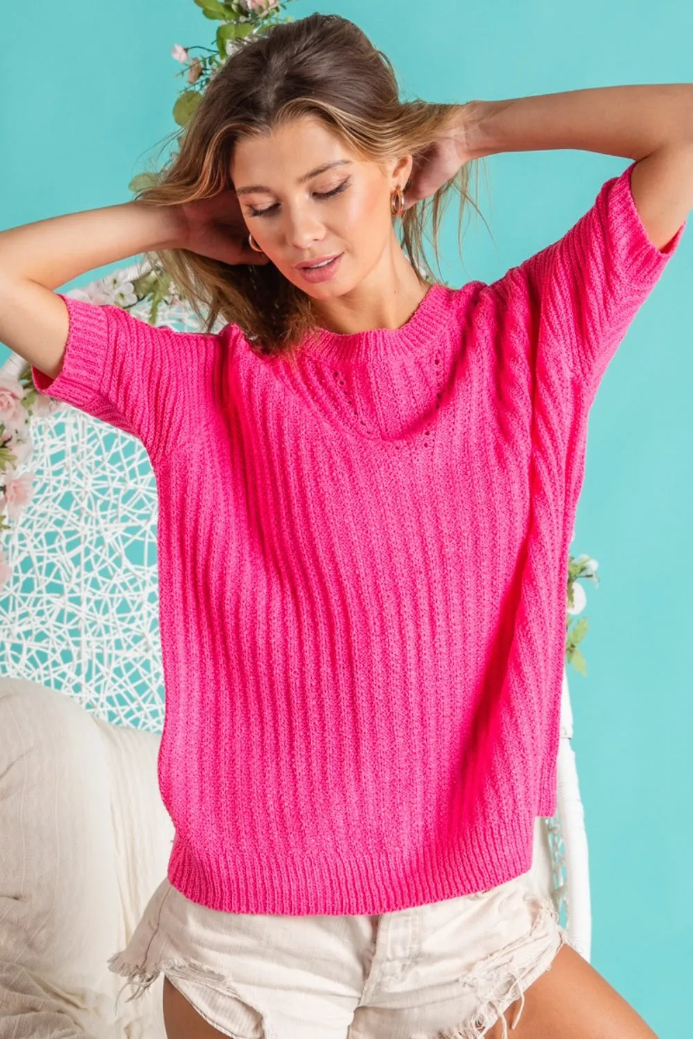 Hazel Blues® |  BiBi Texture Round Neck Short Sleeve Knit Top