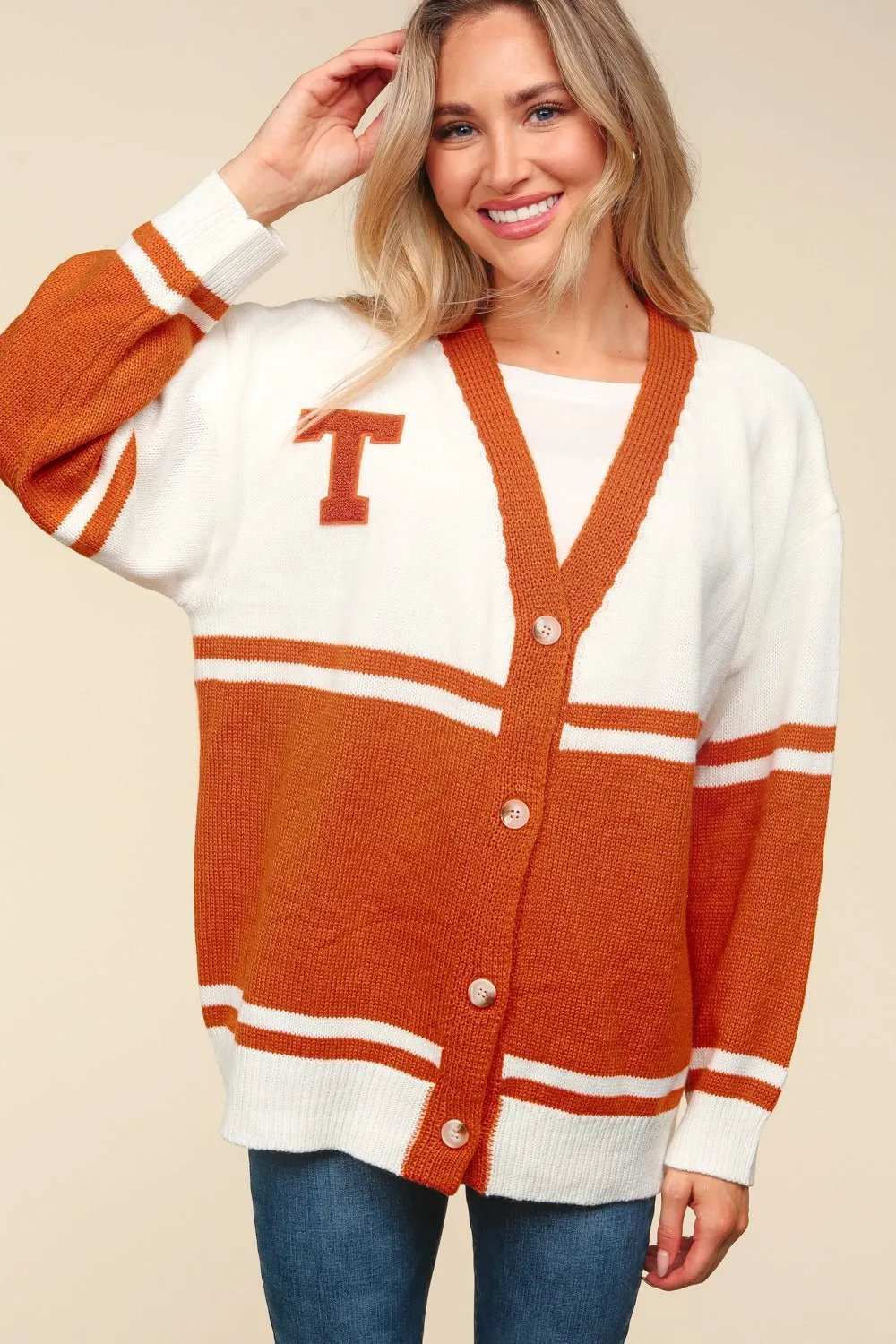 Hazel Blues® |  Haptics V Neck Button Down Letter Patch Cardigan