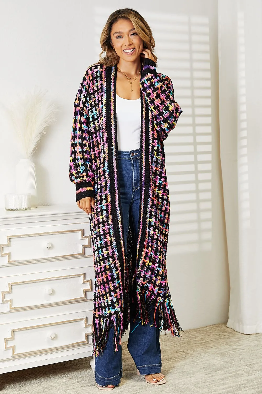 Hazel Blues® |  Multicolored Open Front Fringe Hem Cardigan