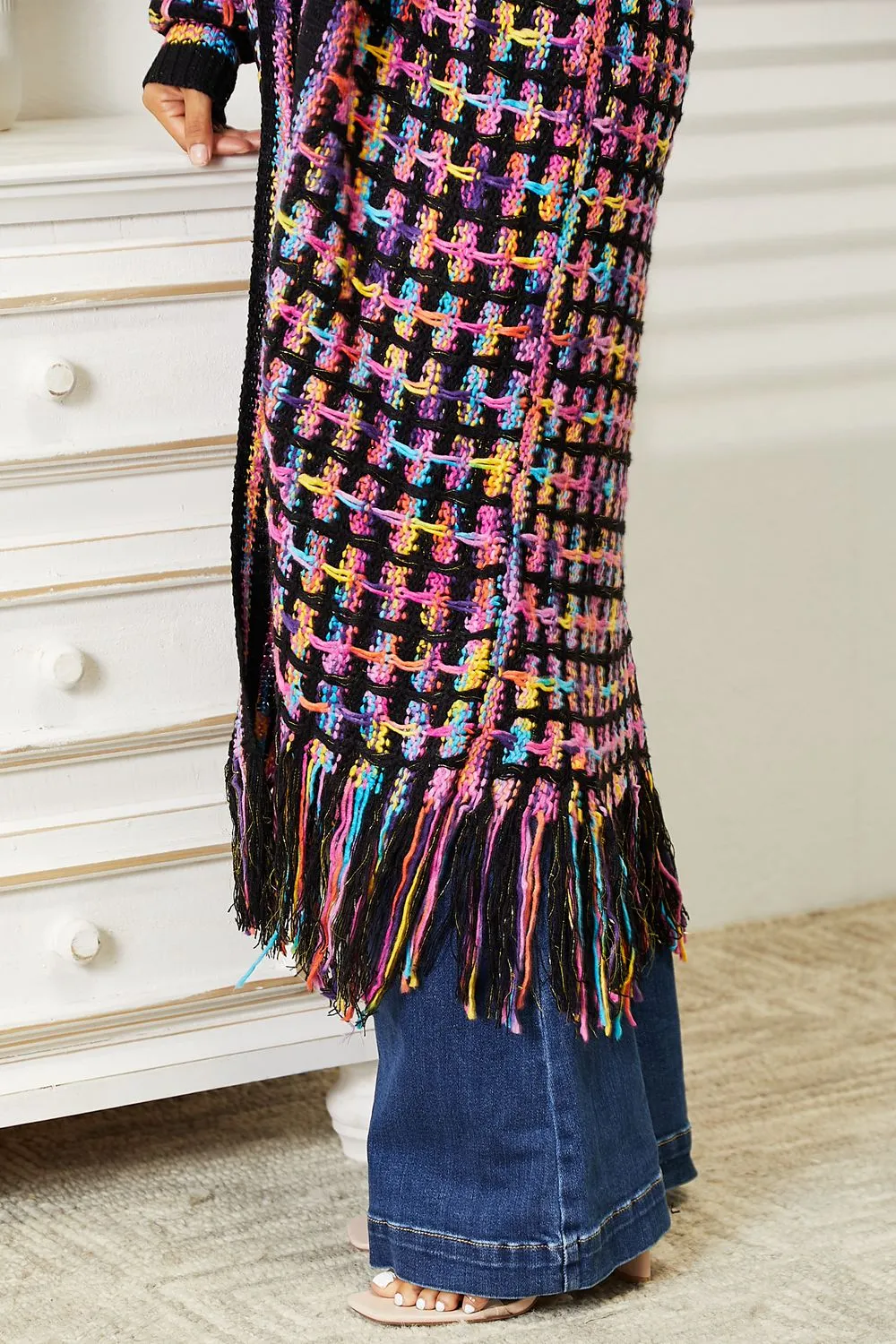 Hazel Blues® |  Multicolored Open Front Fringe Hem Cardigan