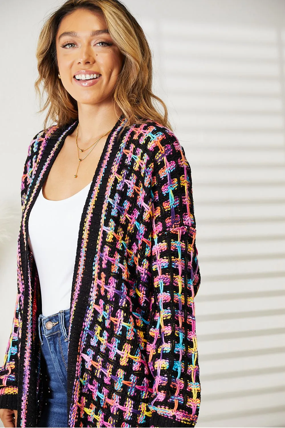 Hazel Blues® |  Multicolored Open Front Fringe Hem Cardigan