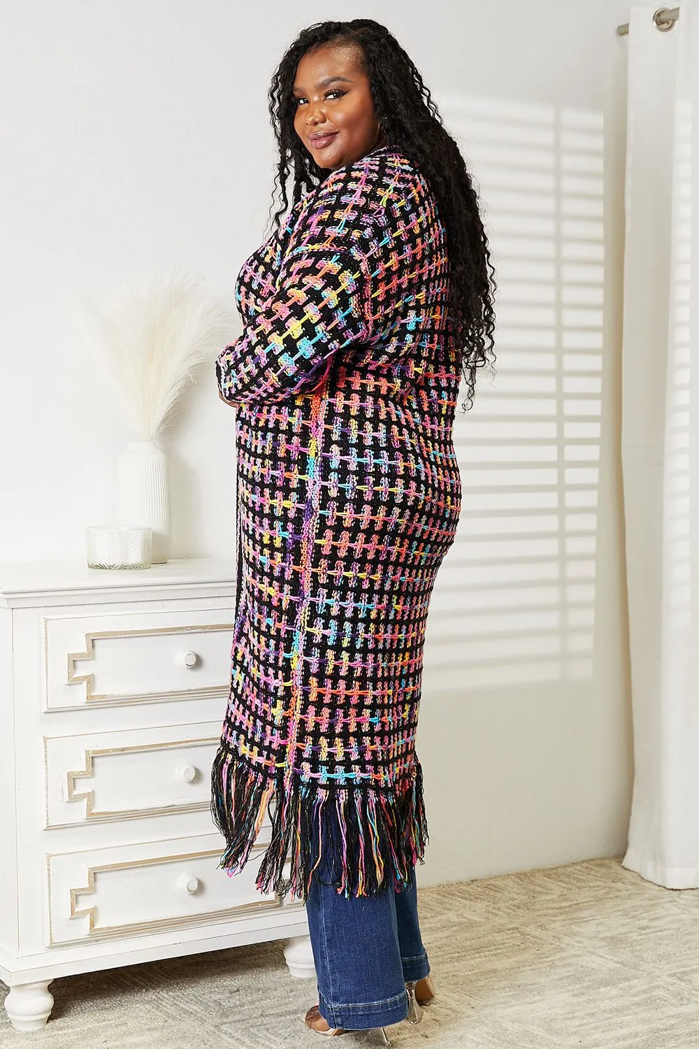 Hazel Blues® |  Multicolored Open Front Fringe Hem Cardigan