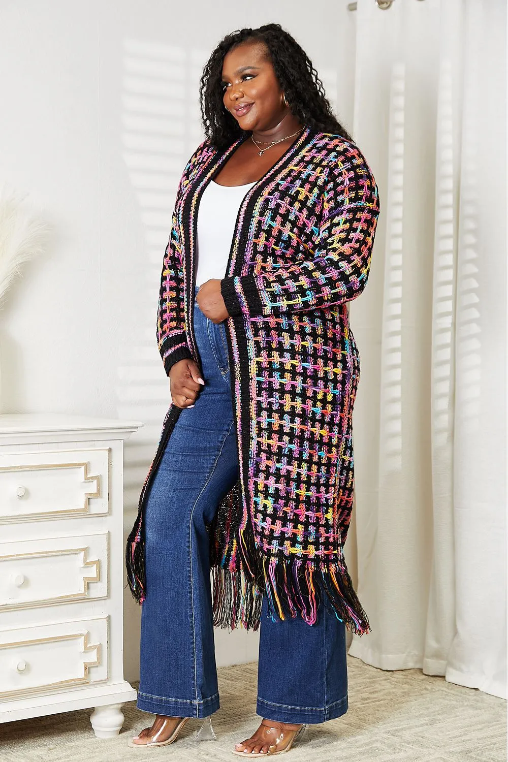 Hazel Blues® |  Multicolored Open Front Fringe Hem Cardigan