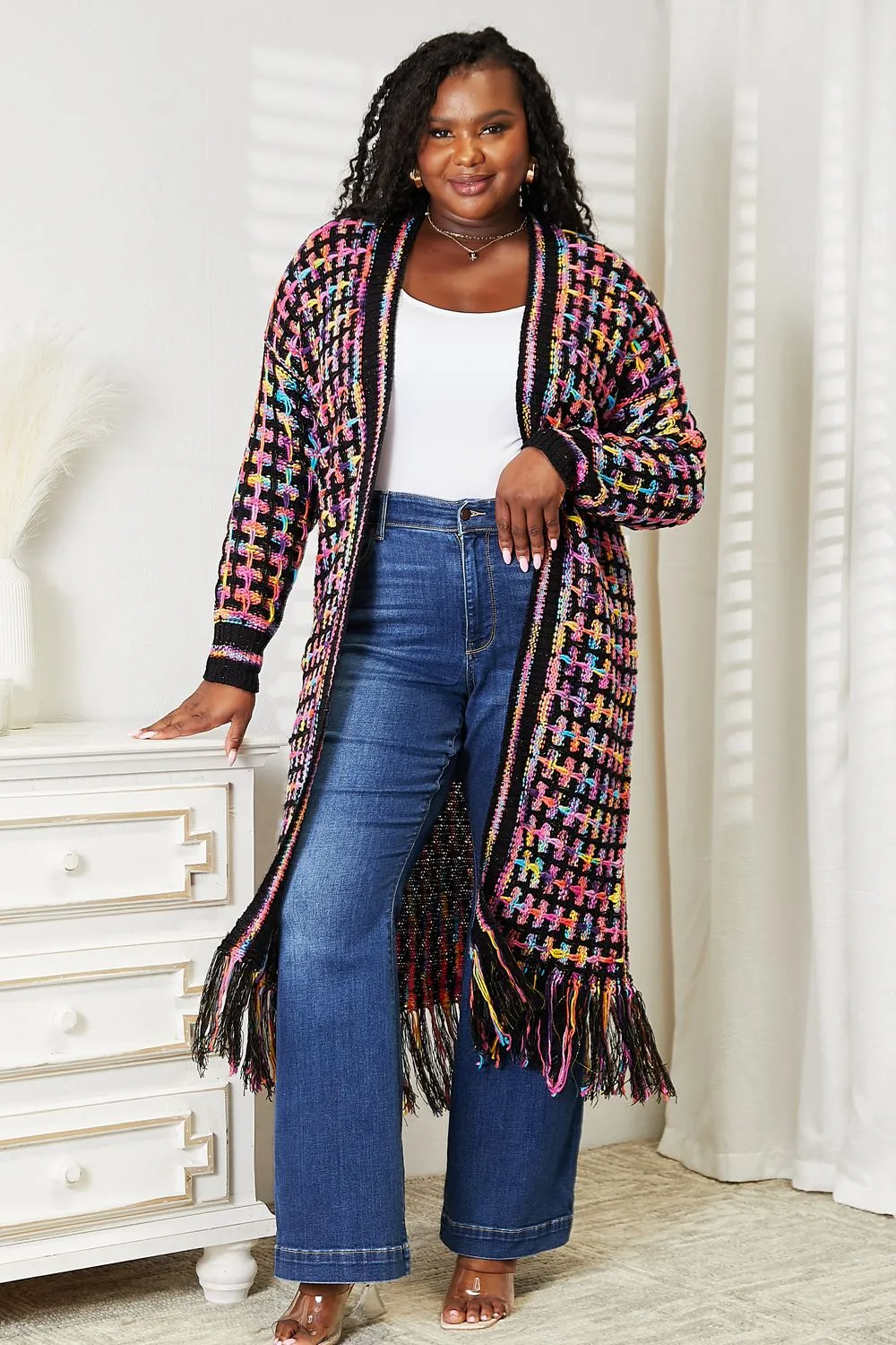 Hazel Blues® |  Multicolored Open Front Fringe Hem Cardigan