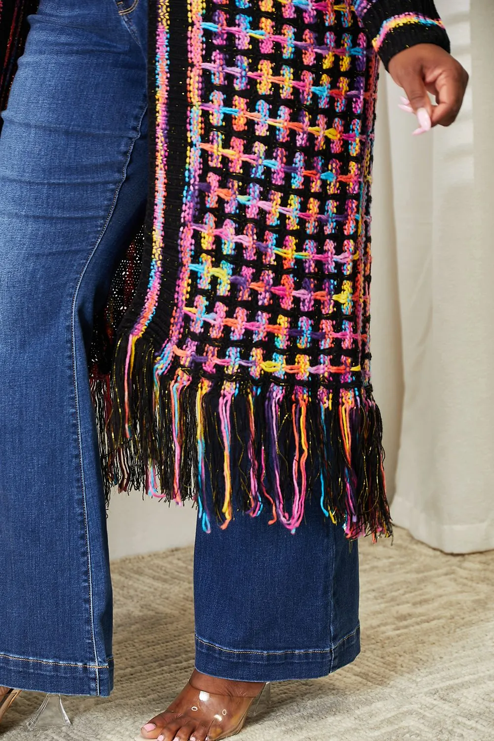 Hazel Blues® |  Multicolored Open Front Fringe Hem Cardigan
