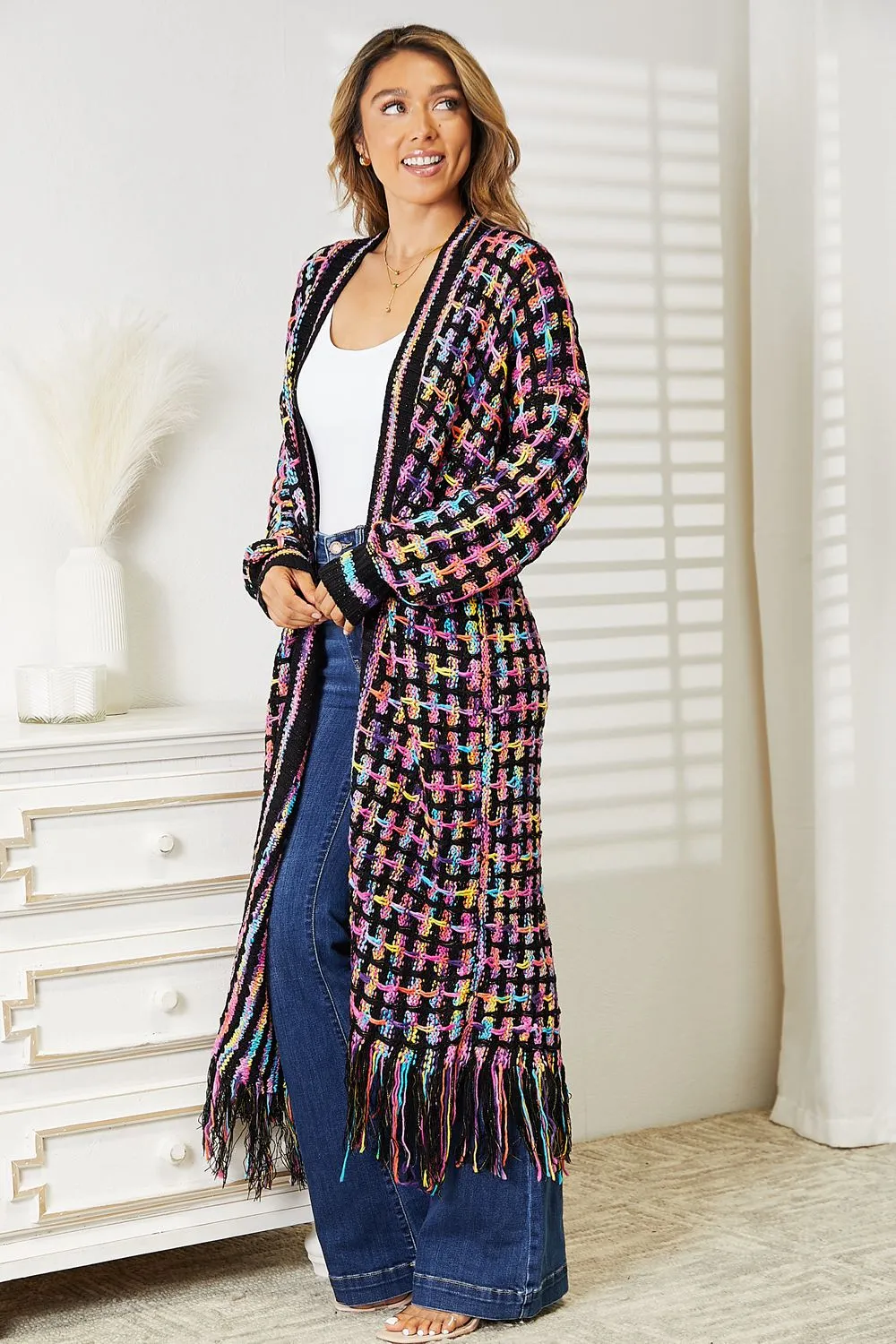 Hazel Blues® |  Multicolored Open Front Fringe Hem Cardigan