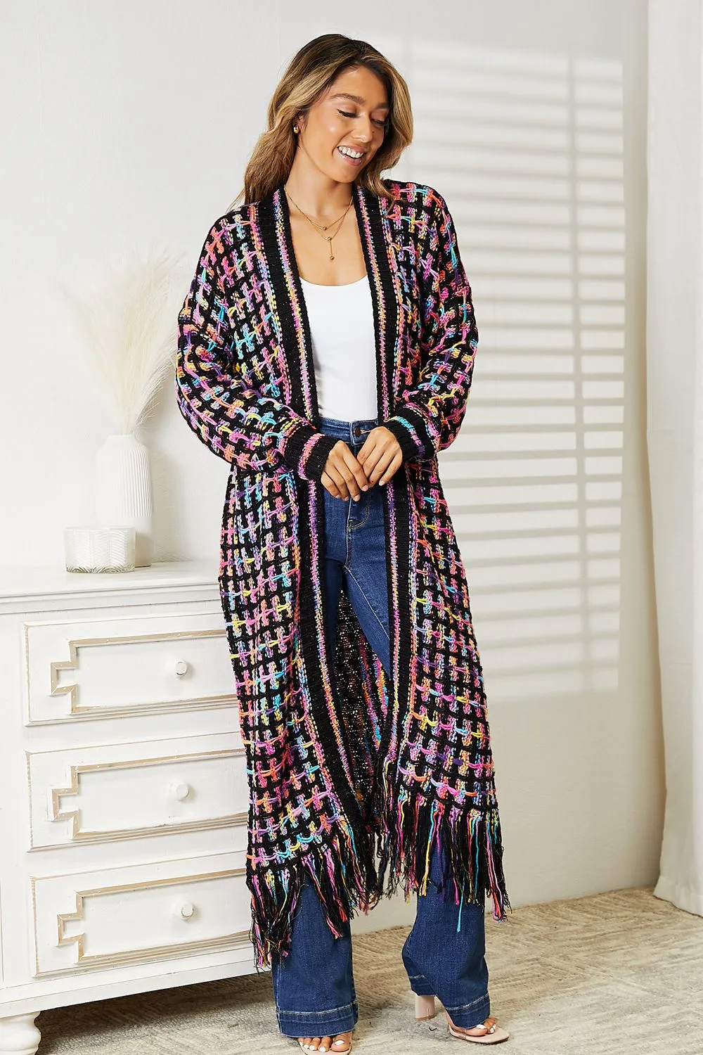 Hazel Blues® |  Multicolored Open Front Fringe Hem Cardigan