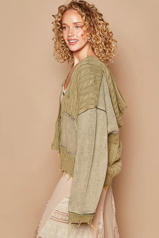 Hazel Blues® |  POL Distressed Hem Button Up Hooded Cardigan