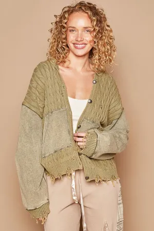 Hazel Blues® |  POL Distressed Hem Button Up Hooded Cardigan