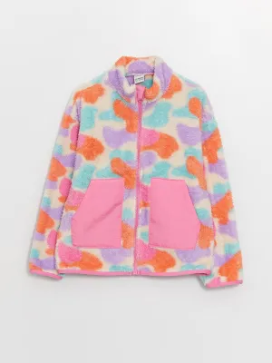 High Collar Patterned Long Sleeve Plush Girls Zippered Sweatshirt