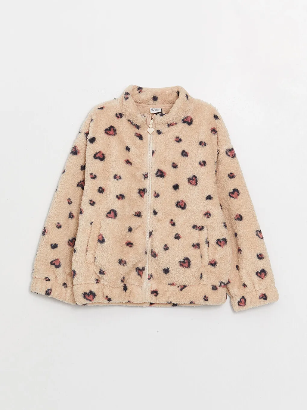 High Collar Patterned Long Sleeve Plush Girls Zippered Sweatshirt