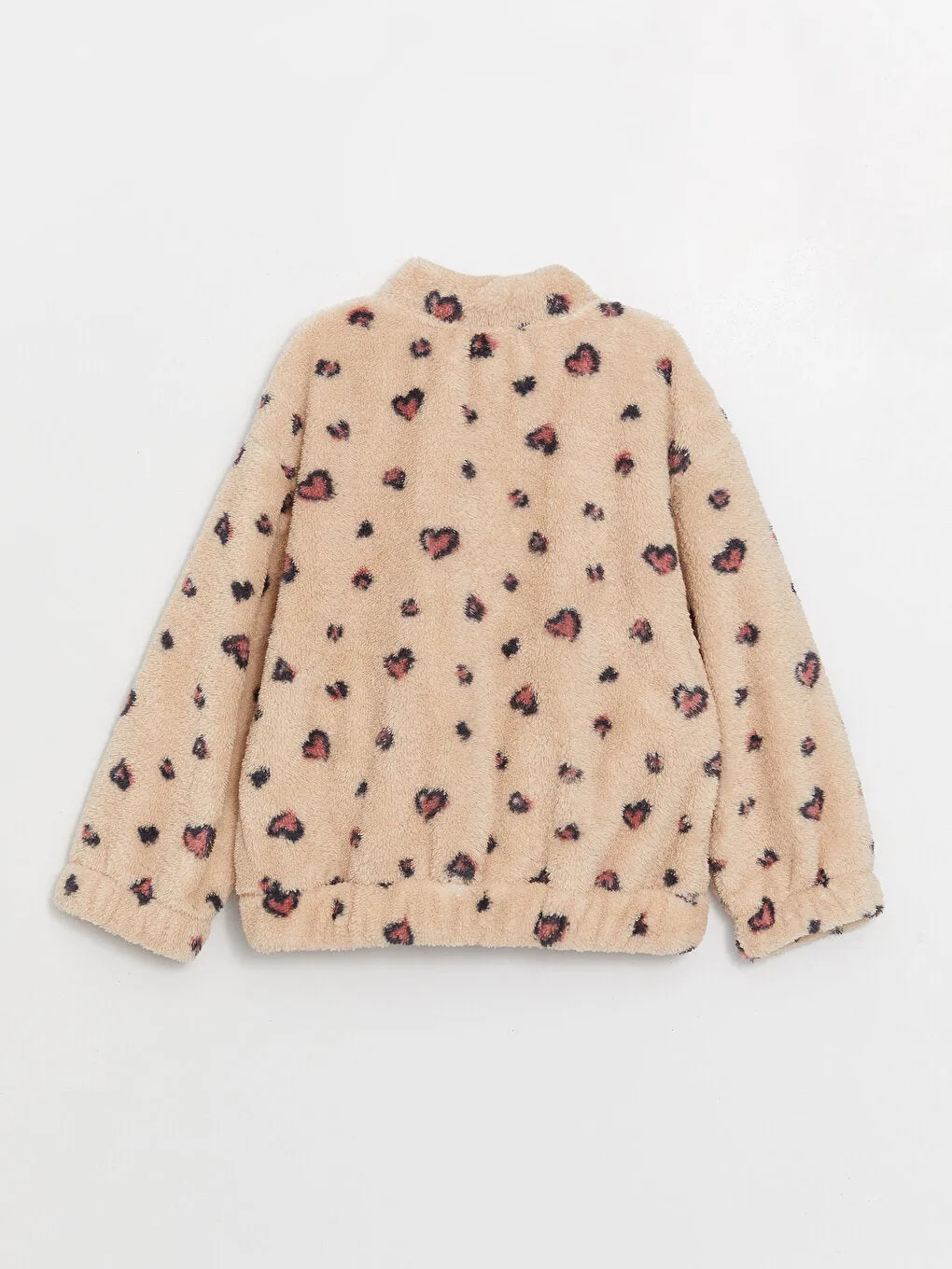 High Collar Patterned Long Sleeve Plush Girls Zippered Sweatshirt