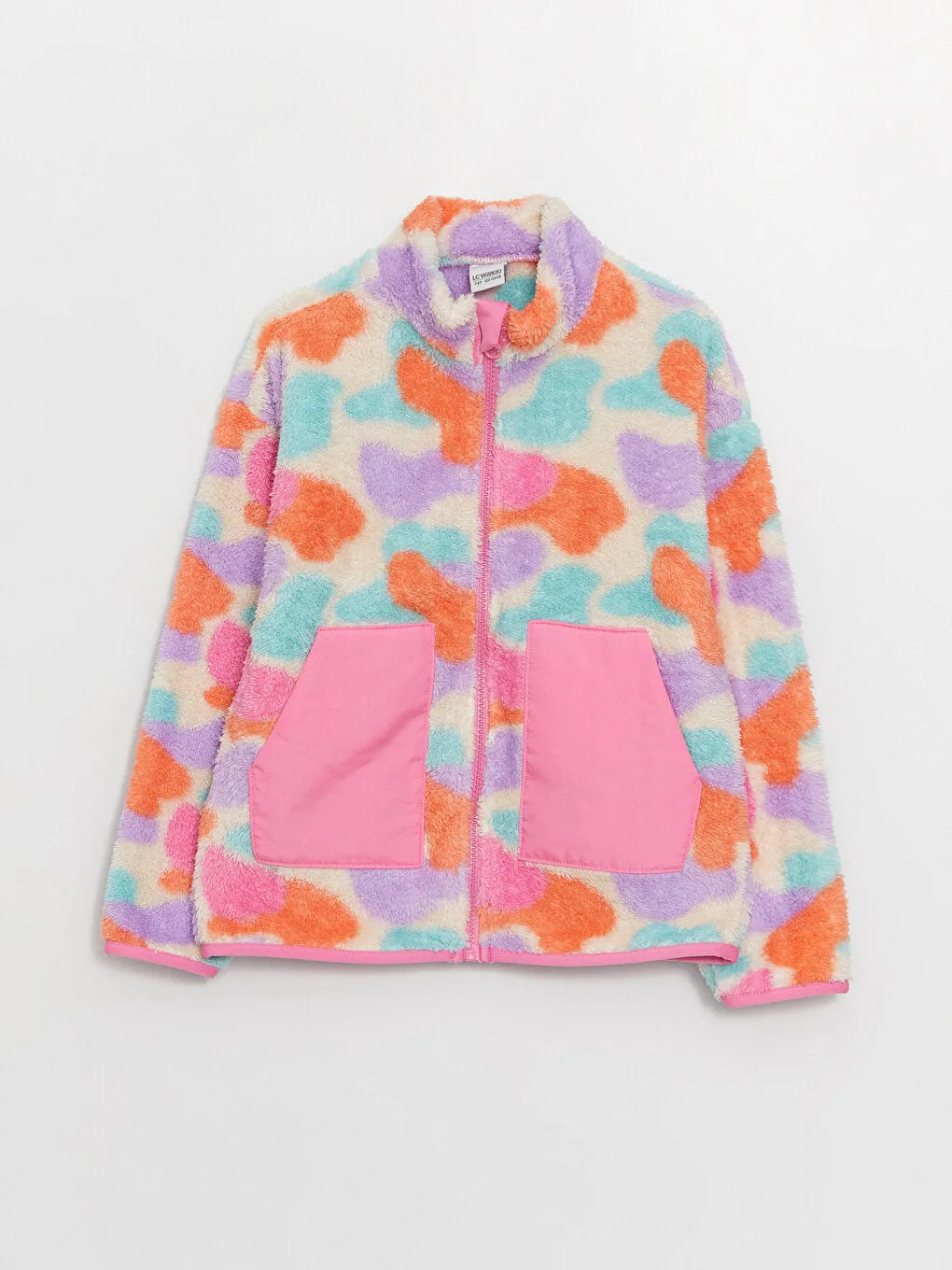 High Collar Patterned Long Sleeve Plush Girls Zippered Sweatshirt